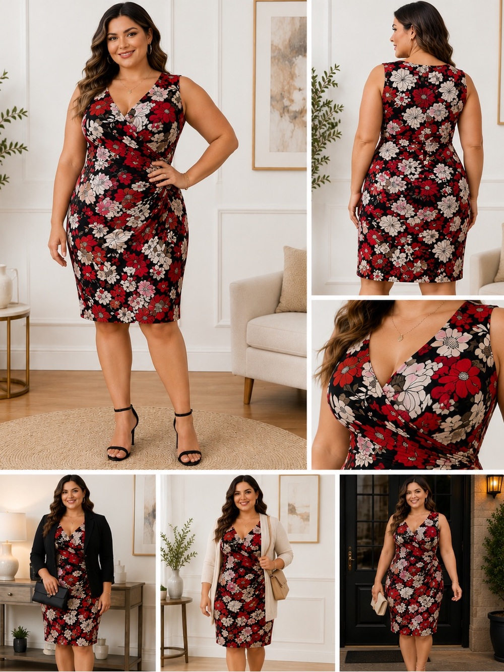 Taboo Floral Ruched Wrap Style Midi Dress Black Red Pink Size 1X